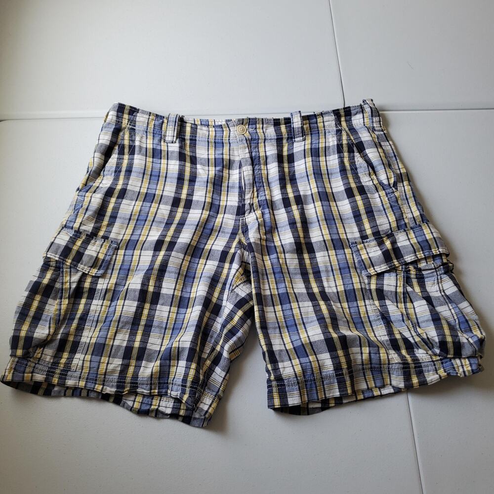 Polo Ralph Lauren Shorts Men 40 Blue Yellow Plaid Cargo Cotton Pockets Y2K Baggy
